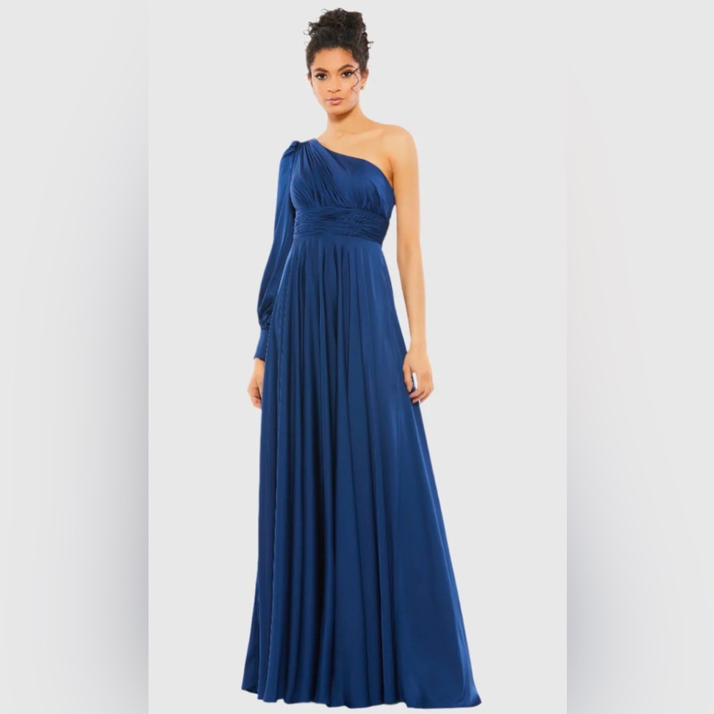 NWT Ieena for Mac Duggal Blue One Shoulder Bishop Sleeve Flowy Gown - 67866 - Picture 1 of 9